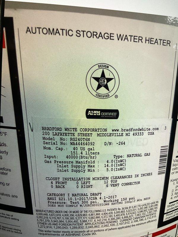 Completed comprehensive Gold-level furnace inspection on nearly one-year-old forced air heating system located in basement. Performed full multi-point safety and efficiency evaluation including visual inspection of heat exchanger, burner assembly, ignition system, and venting components per manufacturer specifications. Verified proper gas pressure at manifold, tested all safety controls and limit switches, inspected blower assembly and motor operation, and confirmed adequate combustion air supply. Checked and documented equipment specifications from data plate including Bradford White 40-gallon water heater with 40,000 BTU/hr natural gas input, Category I natural draft venting, and proper installation clearances. System operating within normal parameters with no deficiencies noted at time of inspection.