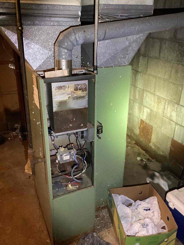 Conducted comprehensive assessment of basement-installed furnace system experiencing failure symptoms from previous winter, including intermittent clicking and startup issues. Upon inspection, determined existing unit was aged beyond economical repair with compromised internal components, deteriorated wiring connections, and worn blower assembly visible through access panel. Provided detailed estimate for complete furnace replacement including removal of existing green-cabinet unit, installation of new high-efficiency heating system, proper venting modifications, and integration with existing ductwork and air handler components. Documented current system configuration including copper refrigerant lines, metal supply grate, and flue pipe assembly to ensure accurate equipment sizing and compatibility for replacement installation.