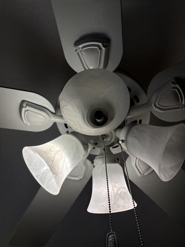 Responded to service call for multiple lighting and switching issues throughout the residence. Replaced burnt bulb in computer room fixture, restoring proper illumination to the workspace. Replaced faulty wall switch in upstairs bedroom, ensuring reliable operation of lighting circuit. Installed new light kit assembly on existing ceiling fan unit, including four frosted glass shades and bulbs. Verified all electrical connections were secure and tested all repaired fixtures and switches for proper operation. All lighting circuits functioning correctly upon completion.