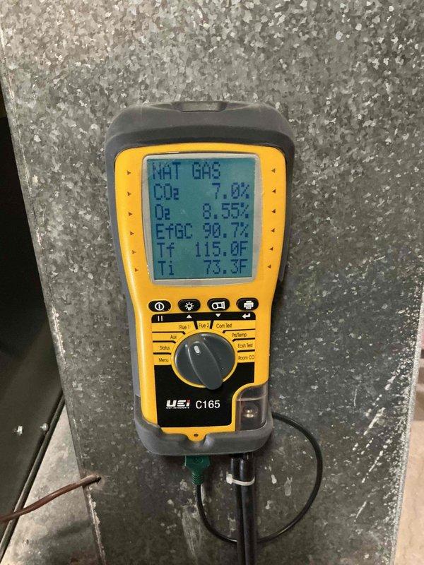 Completed comprehensive pre-winter tune-up on 13-year-old furnace located in basement. Performed full system diagnostics including combustion analysis, which revealed natural gas operation with CO₂ at 1.0%, O₂ at 8.6%, and combustion efficiency at 90.7%. Measured temperature differential with supply at 115°F and return at 73.3°F, indicating proper heat rise. Inspected all electrical components and determined hot surface igniter requires replacement due to wear; part has been ordered and is available for pickup at parts house for installation upon arrival. System is operational and safe for heating season with igniter replacement recommended to prevent future no-heat condition.