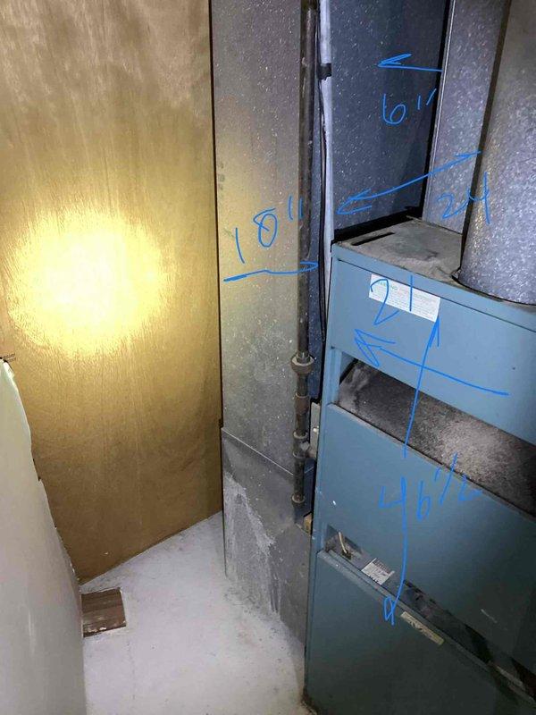 Conducted comprehensive assessment of existing natural gas furnace located in basement utility area for replacement estimate. Current unit is operational but requires evaluation for replacement options. Documented existing HVAC infrastructure including ductwork configuration, venting system, and mechanical room layout to determine appropriate equipment specifications and installation requirements for furnace replacement.