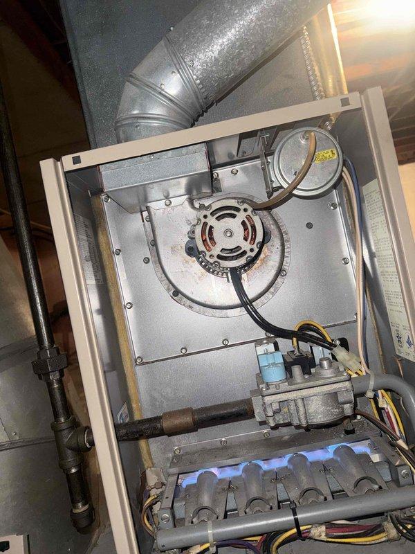 Responded to service call for duplex property with two forced air furnace units located in basement. Performed diagnostic inspection on unit reporting rattling noise and completed routine maintenance on second unit. Accessed furnace cabinet and inspected blower motor assembly, fan housing, and internal components for loose hardware or debris causing mechanical noise. Examined gas valve manifold, burner assembly, and electrical connections for proper operation and secure mounting. Verified ductwork connections and transitions for adequate fastening. Inspected blower motor bearings and mounting brackets as potential noise sources. Checked all electrical wiring connections to motor and gas valve controls. Performed standard maintenance procedures on second unit including visual inspection of burner assembly, gas valve operation, blower motor function, and ductwork integrity. Both units are 10+ years old forced air systems. Documented equipment condition through interior cabinet photograph