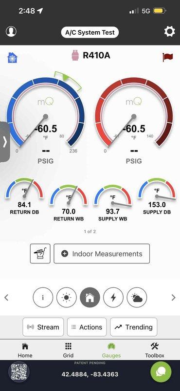 Completed comprehensive NSP furnace inspection on a 5-year-old unit with good accessibility, confirming all equipment operational per homeowner. Performed standard diagnostic testing including refrigerant system analysis using R410A measurement protocols, documented pressure readings at -60.5 PSIG on both high and low sides, and recorded temperature differentials across the system with return dry bulb at 84.1°F, return wet bulb at 70.0°F, supply wet bulb at 93.7°F, and supply dry bulb at 153.0°F. Inspected copper piping connections and fittings for proper installation and integrity, capturing photographic documentation of all critical components and diagnostic readings for service records.