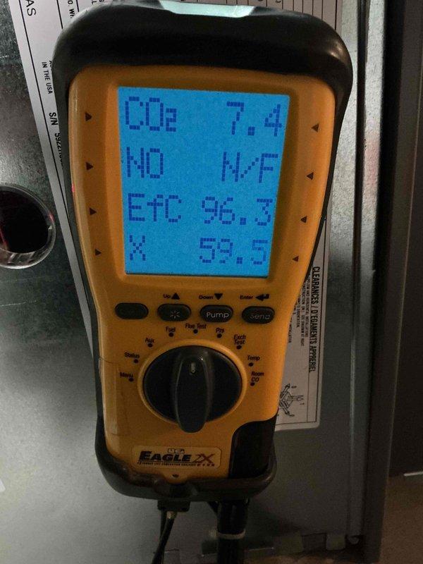 Completed Gold furnace inspection on forced air heating system located in basement. Unit is over 10 years old and currently operational. Performed comprehensive combustion analysis using digital testing equipment, recording CO2 levels at 7.4% and efficiency reading at 96.3%, indicating proper combustion and optimal performance. Inspected furnace components, verified safe operation of all systems, and documented equipment condition with photographs. All safety parameters within acceptable ranges.