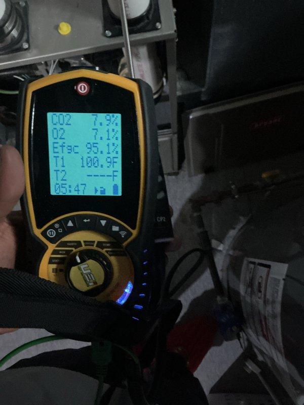 Completed comprehensive Gold-level furnace inspection on a 6-year-old unit located in basement. Performed combustion analysis using digital diagnostic meter, recording CO2 levels at 7.3%, O2 at 7.1%, and efficiency at 35.1% with stack temperature of 100.8°F. All measurements indicate proper combustion and safe operation. Visually inspected furnace components, ductwork, electrical connections, and surrounding mechanical systems including Richmond water heater. Unit is operating correctly with no issues identified.