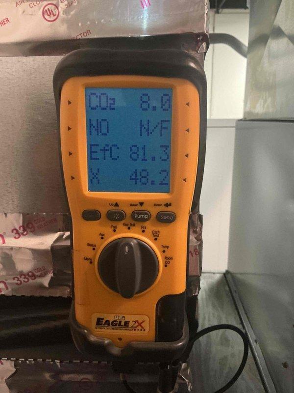 Completed comprehensive Gold furnace inspection and tune-up on 7-year-old Bryant heating system. Performed combustion analysis using Eagle 2X diagnostic equipment, verifying CO2 levels at 8.9%, efficiency at 81.3%, and excess air readings at 49.2%. Measured supply and return air temperatures, confirming proper temperature rise across heat exchanger. All system parameters tested within manufacturer specifications. Unit operating properly with no deficiencies noted.