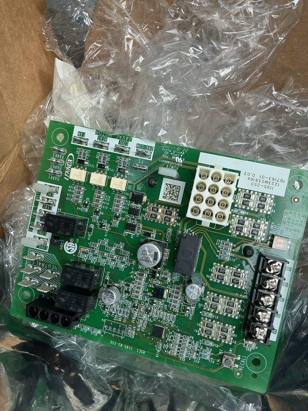 Responded to no heat call on 2-year-old Lennox furnace located in first-floor closet. Upon arrival, confirmed thermostat set to heat at 72°F and power present at condensate pump, but furnace not operating. Performed diagnostic testing and determined control board failure preventing furnace operation. Ordered replacement control board from Lennox Madison Heights under PO 1375910-001 for installation upon arrival. Documented equipment condition with photos of new control board in packaging and furnace interior components. Unit remains inoperable pending parts delivery and installation to restore heat.