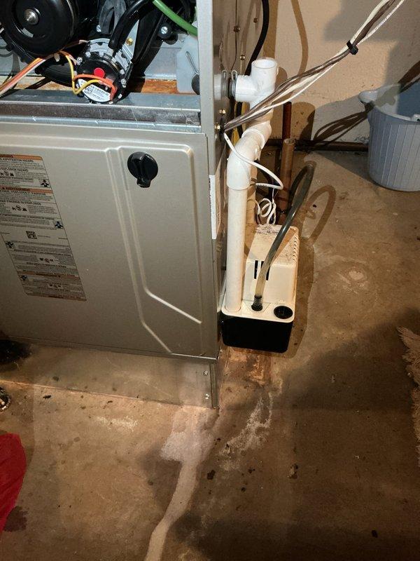 Performed comprehensive tune-up maintenance on a forced air furnace installed in 2021, located in the basement. Conducted thorough inspection of blower motor assembly, circulation pump, expansion tank, and associated piping systems. Verified proper operation of all mechanical components, checked electrical connections, and confirmed condensate pump and drainage system functionality. Customer enrolled in preventative maintenance membership program during service visit.