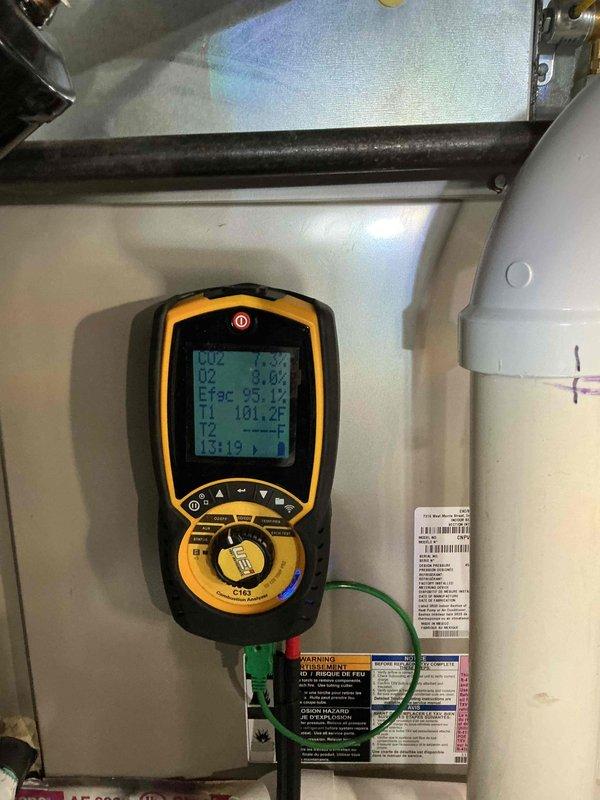 Completed comprehensive Gold Furnace Inspection on 2-year-old furnace system located in basement. Performed detailed diagnostic testing using digital multimeter to verify electrical readings and system voltages, measuring 193V and 345V across circuits to ensure proper power supply. Conducted combustion analysis and temperature differential measurements, recording supply temperature at 181.2°F with combustion efficiency at 95.1%, confirming unit is operating within manufacturer specifications and delivering optimal heating performance.