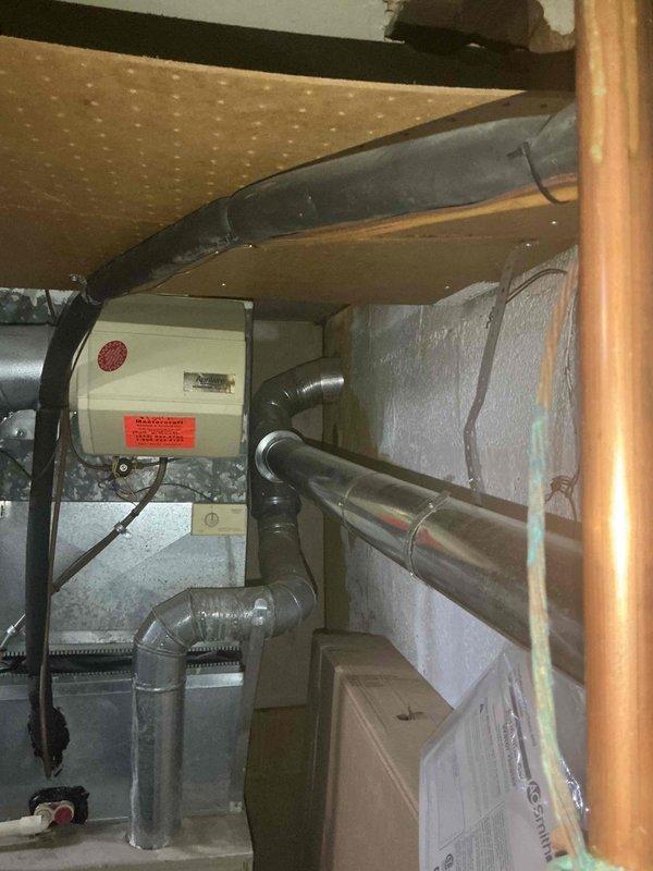 Responded to service call for detached chimney vent cap damaged during recent storm. Performed exterior inspection of chimney system and assessed storm damage to cap assembly. Secured and reinstalled vent cap to manufacturer specifications, ensuring proper ventilation and weather protection. Verified adequate clearances and confirmed system integrity upon completion. Interior HVAC equipment and ductwork inspected and found to be in satisfactory operating condition with no related issues identified.