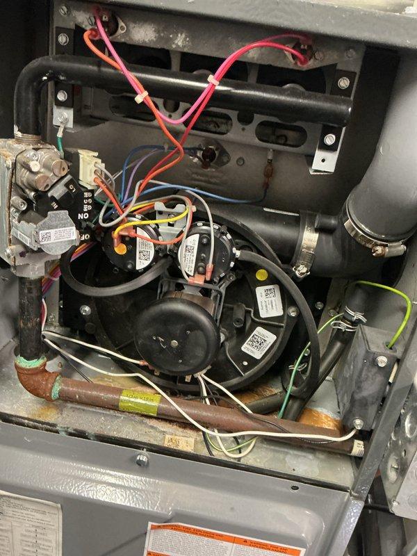 Responded to no heat call on 7-year-old Daikin DM96HS0603BNAA furnace located in basement. Performed diagnostic inspection and identified failed inducer motor assembly and defective pressure switches preventing unit operation. Ordered replacement inducer kit and pressure switches from Williams Southfield for installation upon arrival to restore heating functionality.
