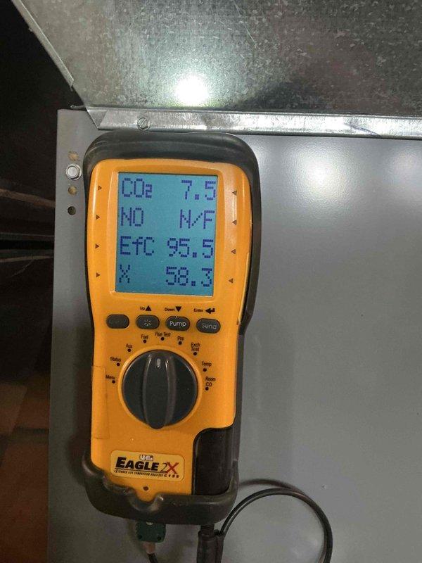Completed comprehensive furnace tune-up and inspection on a 5-year-old Bryant 95% efficient furnace, model 915SB42060E17A-A, located in basement. Performed combustion analysis using Eagle X diagnostic tool, recording CO levels at 3.1 ppm and CO2 at 7.5%, confirming optimal combustion efficiency at 95.5%. All system parameters tested within manufacturer specifications, unit operating safely and efficiently.