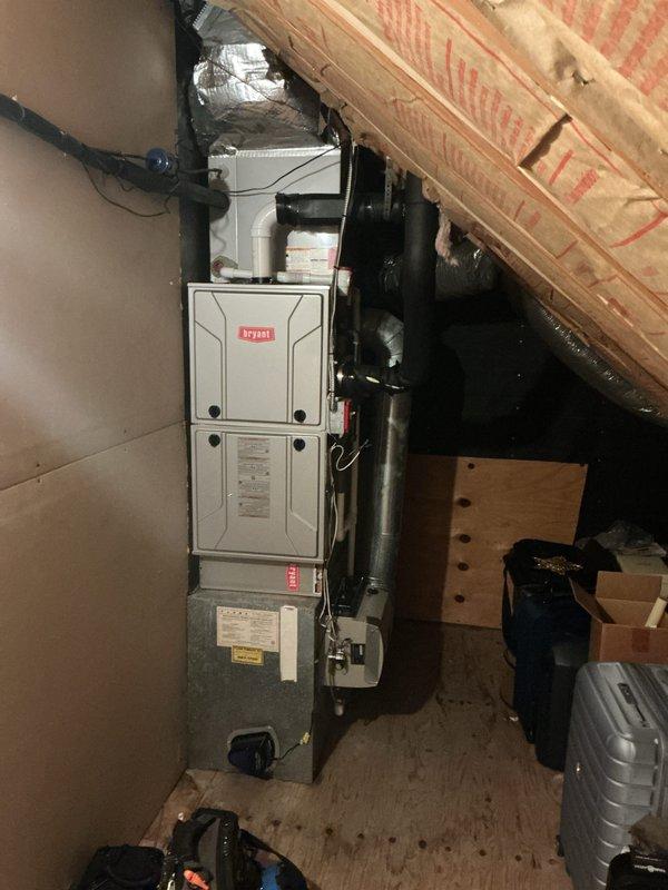 Completed comprehensive furnace maintenance and tune-up on two residential heating units: a 10-year-old Bryant system located in the attic and a 20-year-old furnace in the basement. Performed standard preventative maintenance procedures on both units including filter inspection and replacement, burner assembly cleaning, heat exchanger examination, blower motor lubrication, electrical connection verification, gas pressure testing, flame sensor cleaning, and safety control testing. Verified proper thermostat operation and system cycling on both zones. Both furnaces are operating efficiently with no immediate repairs required. Recommended continued annual maintenance to ensure optimal performance and longevity of both heating systems.