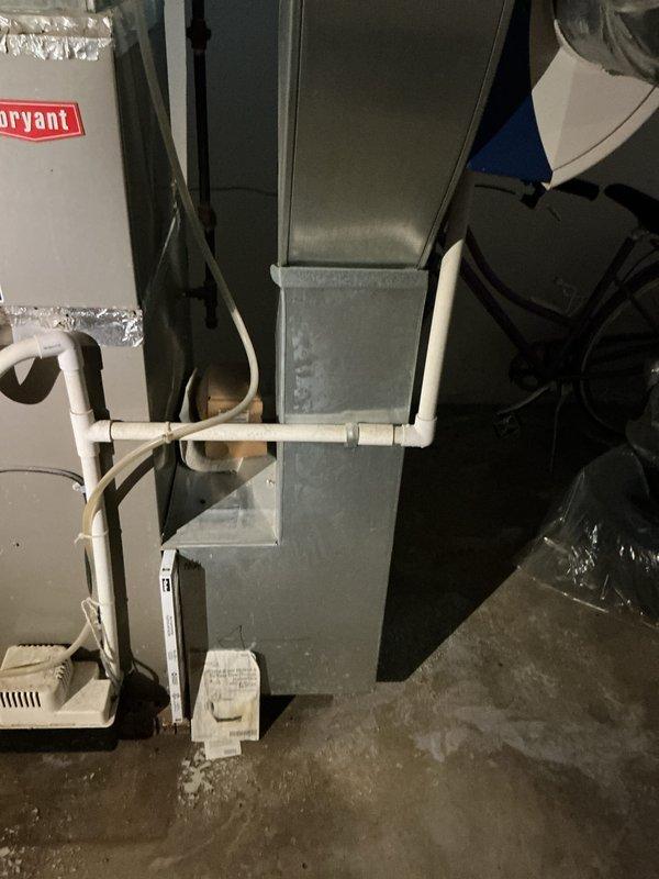 Conducted comprehensive inspection of 2003 Bryant furnace system located in basement condo unit and identified failed heat exchanger requiring immediate replacement. Provided full HVAC system replacement estimate including new furnace, air handler, and associated components to ensure safe and efficient operation. Documented existing installation configuration with white PVC condensate drain lines, humidifier integration, and electrical connections, as well as exterior condensing units positioned on concrete pads against brick wall for complete system assessment.