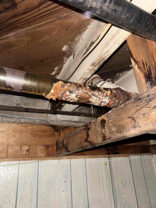 Responded to service call for steam boiler system in basement following report from plumbing contractor regarding multiple issues and leaks. Upon inspection, confirmed significant corrosion and deterioration on copper piping with heavy mineral deposits and rust buildup indicating active leak points. Examined blue vertical boiler unit with Honeywell control system and associated piping connections. Documented extensive pipe corrosion, water staining on surrounding wooden structural members, and compromised integrity of copper supply lines. Photographed corroded sections showing white mineral scaling and orange-brown oxidation on piping throughout the system. Advised homeowner of findings and recommended comprehensive evaluation for pipe replacement and potential boiler system repairs to address reported leaks and prevent further water damage to structure.