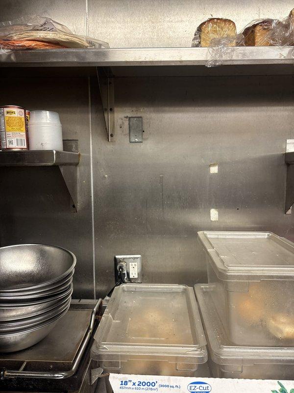 Installed 20-amp and 15-amp duplex receptacles in commercial kitchen environment along kitchen line and near freezer location. Outlets were mounted on stainless steel wall surfaces in food storage and preparation area to provide dedicated power supply for commercial kitchen equipment. All installations completed to code specifications with appropriate circuit protection for commercial food service application.
