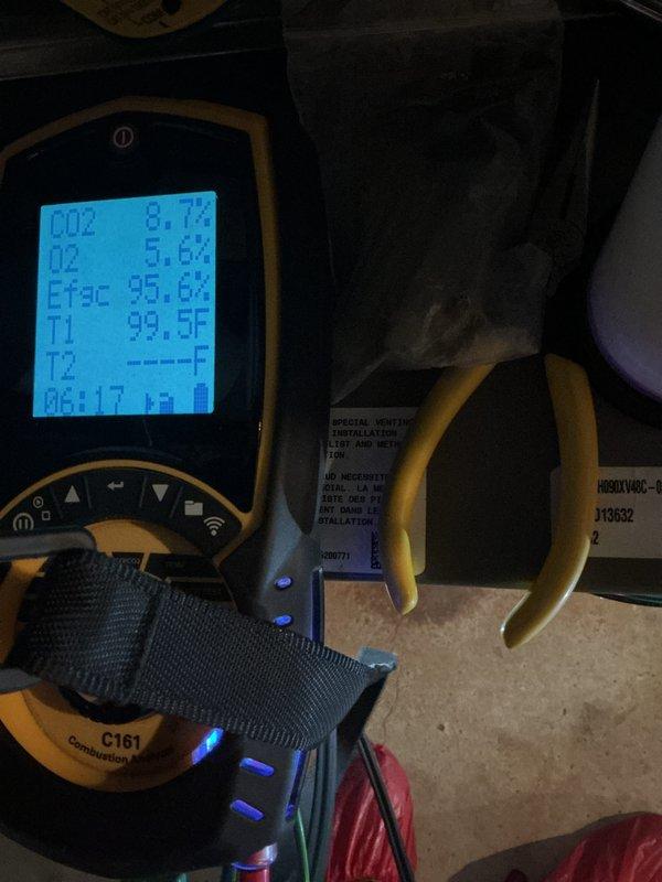 Completed comprehensive Gold furnace inspection on 1-year-old forced air unit located in basement. Performed full diagnostic testing using combustion analyzer, recording CO2 levels at 8.7%, oxygen at 5.8%, and combustion efficiency at 95.8%. Measured supply temperature at 99.5°F and verified amp draw on system components using clamp meter. Inspected all ductwork connections, air handler operation, and equipment mounting. All safety controls, gas connections, and ventilation systems operating within manufacturer specifications. Unit functioning properly with no deficiencies noted.