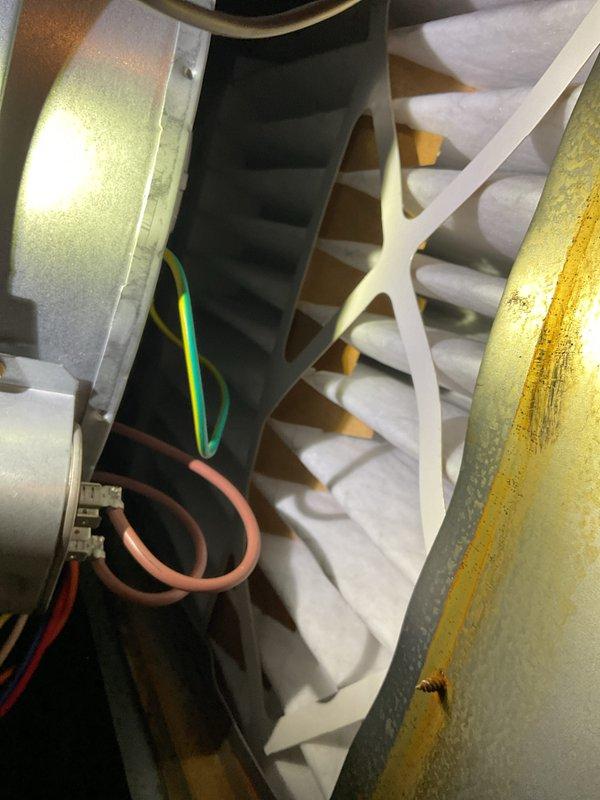 Completed Gold-level furnace inspection and tune-up on a 9-year-old heating system that was operating properly. Inspected blower assembly with dual fan wheels and motor, noting normal dust accumulation on components. Examined air filter showing moderate dirt buildup with yellowed center section indicating regular use; documented equipment condition through photography for maintenance records.