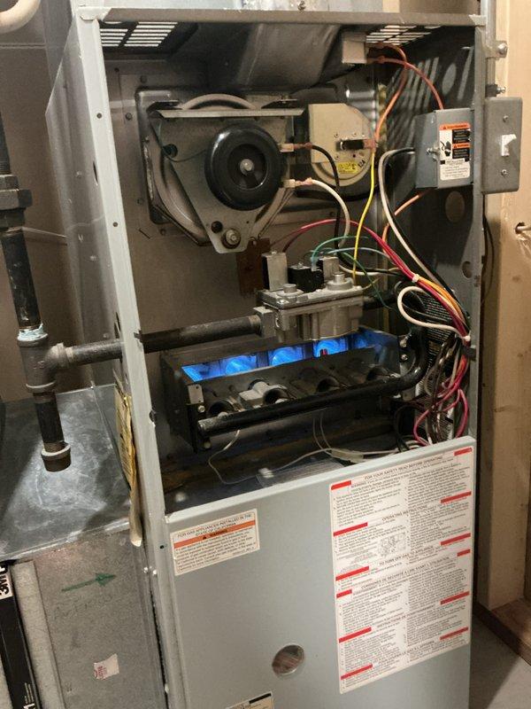 Completed comprehensive furnace tune-up and safety inspection on gas-fired heating unit over 10 years old located in basement. Performed full system diagnostics including electrical testing of blower motor capacitor using clamp meter, verified proper amperage draw at 6.65 amps, and confirmed burner operation with clean blue flame pattern across all burner ports. Inspected gas valve assembly, electrical connections, control board, blower motor assembly, and all safety components. Additionally checked thermostat operation, humidifier function, and hot water tank as part of seasonal maintenance package. All systems operating within normal parameters at time of inspection.