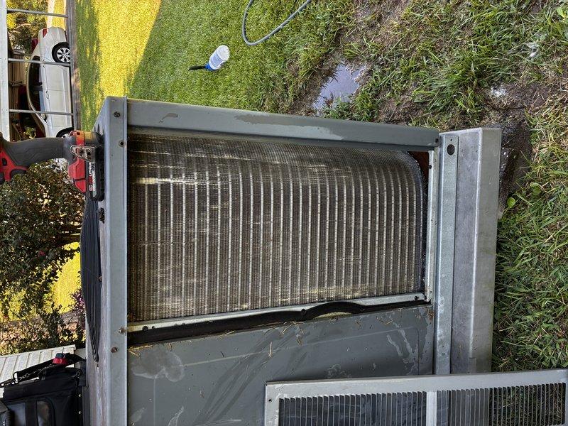 Completed seasonal Clean & Check maintenance on a 5-year-old heat pump system. Performed thorough inspection of outdoor unit, noting oxidation and dirt accumulation on condenser coils consistent with age and environmental exposure. Cleaned coil fins and verified proper airflow through heat exchanger. Conducted comprehensive heating and cooling system evaluation to ensure operational readiness for upcoming season.