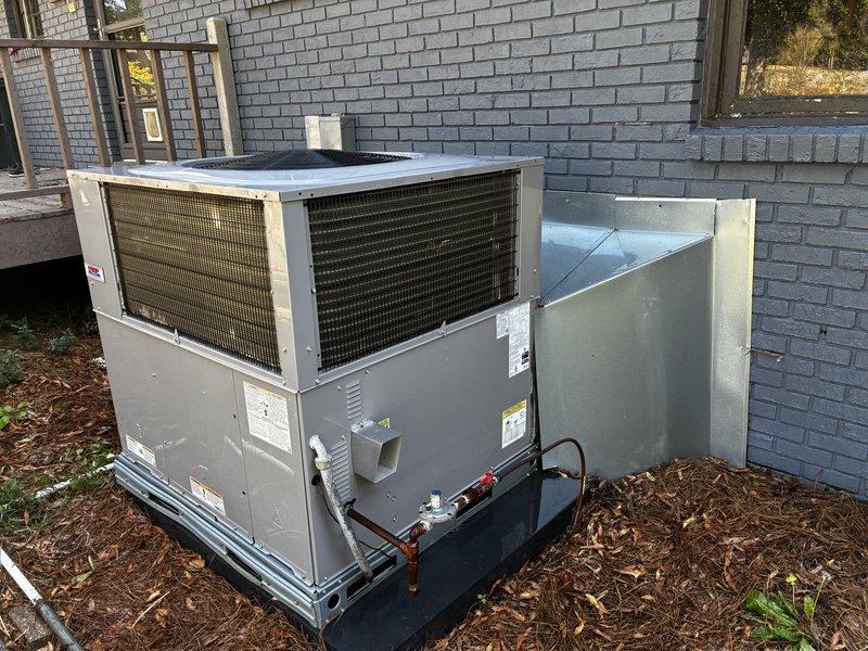 Completed a Protection Visit on the outdoor packaged HVAC unit, inspecting the cabinet, coil guards, access panels, electrical disconnect, gas line with shutoff valve, condensate drain line, and duct transition. Unit was found structurally sound with no rust, frost, or visible damage; minor algae/mildew growth was noted along the base frame, and pine straw and leaf debris were present around the pad. Recommend clearing debris from the unit perimeter to maintain proper airflow and prevent moisture buildup.
