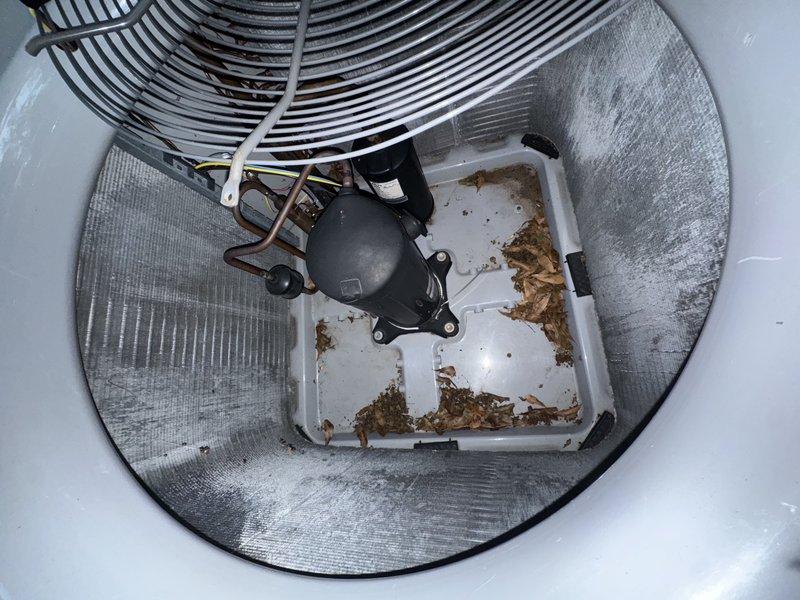 Performed a service agreement inspection of the outdoor condensing unit, including evaluation of the condenser coil, scroll compressor, fan assembly, copper refrigerant lines, and electrical wiring. Observed heavy dust and grime accumulation on the aluminum coil fins and a buildup of leaves and debris in the base pan, with staining and residue on the pan surface. Documented unit condition with photos and cleared debris from the cabinet interior to restore proper airflow and drainage, with coil cleaning recommended to maintain heat transfer efficiency and system performance.