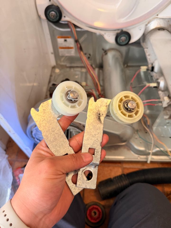 Dallas, TX - Whirlpool dryer was making a very loud screeching noise after further diagnose comes to be that the rollers need to get replaced due to one roller in the back coming completely off while we were in there we decided to place the tensioner pulley as well to have a smooth operating unit once those partial replaced dryer was back to working properly with zero issues was also able to do a vent cleaning for customer since hadn’t been done in a couple years Dallas, TX - Whirlpool dryer was making a very loud screeching noise after further diagnose comes to be that the rollers need to get replaced due to one roller in the back coming completely off while we were in there we decided to place the tensioner pulley as well to have a smooth operating unit once those partial replaced dryer was back to working properly with zero issues was also able to do a vent cleaning for customer since hadn’t been done in a couple years