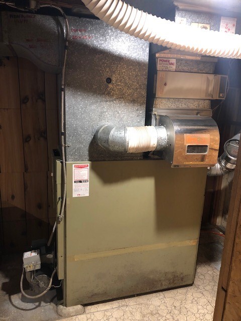 Replaced Old Low-Boy Oil Furnace with new Goodman natural gas high-efficiency GMVC96 Furnace, GSX14 Air Conditioner, Aprilaire 500 Humidifier, and Martino Airguard Filter Box!