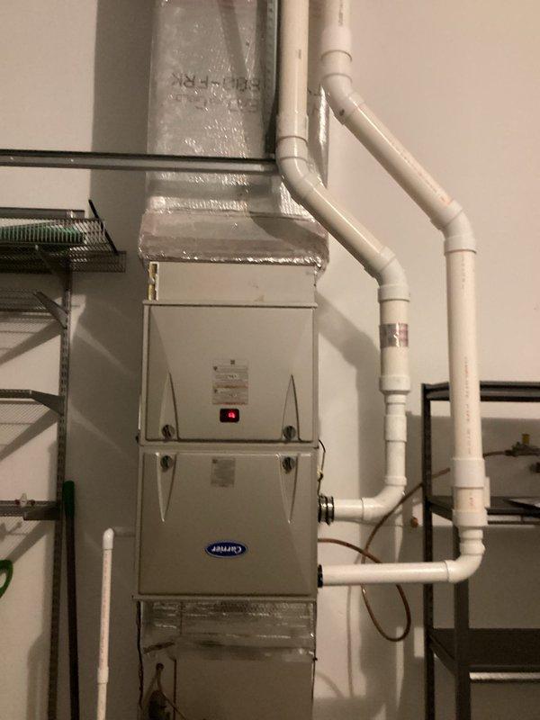 Successfully completed the installation of a Carrier 59SC2E100V21 100,000 BTU 92% efficiency gas furnace, removing and properly disposing of the old equipment. Fabricated and installed metal duct transitions to integrate with existing ductwork, while reusing the existing electrical connections, condensation lines, and power supply. Existing air conditioning unit, coil, and thermostat were retained as specified.