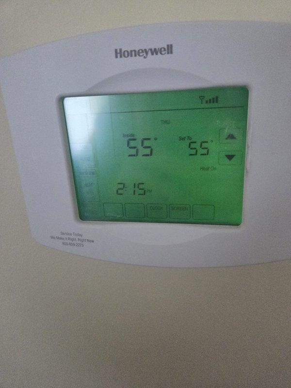 Performed scheduled heating maintenance visit. Checked thermostat operation, confirming proper function with system maintaining set temperature at 55°F. Conducted electrical diagnostics using clamp meter, measuring 40.2 amps through system components. All heating elements functioning within normal parameters.