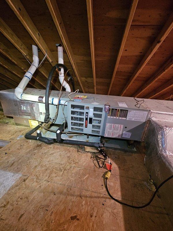 Installed new heat tape to resolve frozen condensate line issue affecting furnace operation. Replaced approximately 15 feet of heat tape with plug and three 1 1/8" aramflex insulation pieces, restoring proper condensate drainage and system functionality.