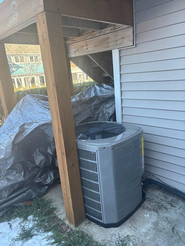 Completed installation of a complete HVAC system including a 2.5 TON heat pump (model 5A6H5030), variable speed fan coil unit (5TEM6B03), and 10KW heater with breaker (BAYHTR1510BRKR). Removed old equipment, installed new components with transition fittings to existing ductwork, performed system flush and refrigerant charge, and set up Honeywell T-6 WiFi thermostat. Additionally, installed a 50-gallon Bradford White electric water heater with drain pan in utility closet.
