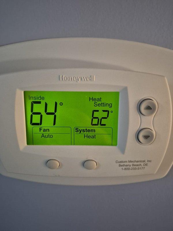 Performed scheduled heating maintenance visit on two systems. Verified thermostat operation (64°F room temperature, 62°F heat setting) and confirmed system was in heat mode with auto fan. Measured voltage at 13.8V. Service rescheduled for next year due to customer being out of propane, which is being refilled today.