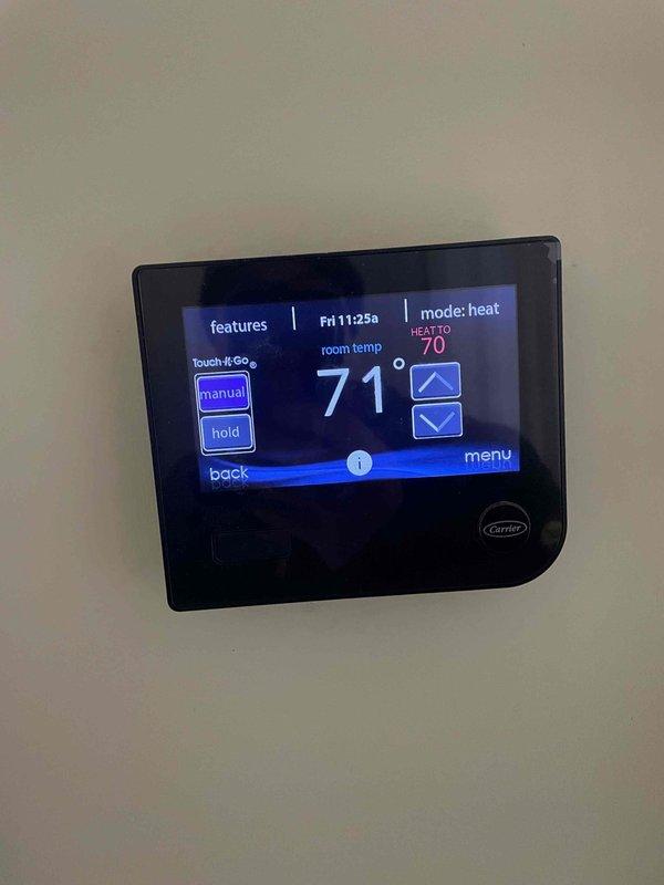 Responded to customer complaint of no heat upstairs. Diagnosed system issues by inspecting attic-installed HVAC unit and verified thermostat operation. Found system was attempting to heat with current temperature reading 71°F against set point of 70°F. Restored proper operation by correcting airflow distribution to upstairs zones.