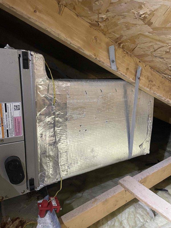 Responded to customer complaint of no heat upstairs. Diagnosed system issues by inspecting attic-installed HVAC unit and verified thermostat operation. Found system was attempting to heat with current temperature reading 71°F against set point of 70°F. Restored proper operation by correcting airflow distribution to upstairs zones.