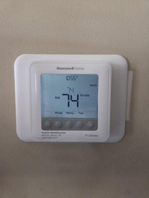 Performed scheduled heating maintenance service. Conducted temperature testing with UEI meter showing 74.8°F at the supply ductwork, confirming proper system operation. Verified thermostat functionality with heat set point at 74°F and system responding correctly in heating mode.