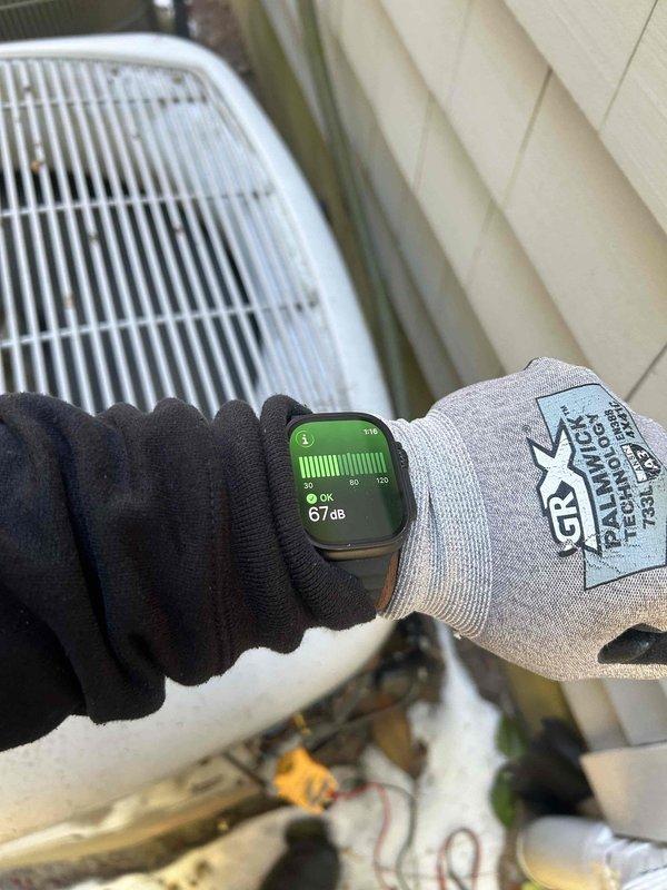 Responded to noise complaint on outdoor unit. Performed sound level testing using decibel meter, recording readings of 67dB and 64dB, which are within acceptable operating range. Unit is functioning normally with no service required.