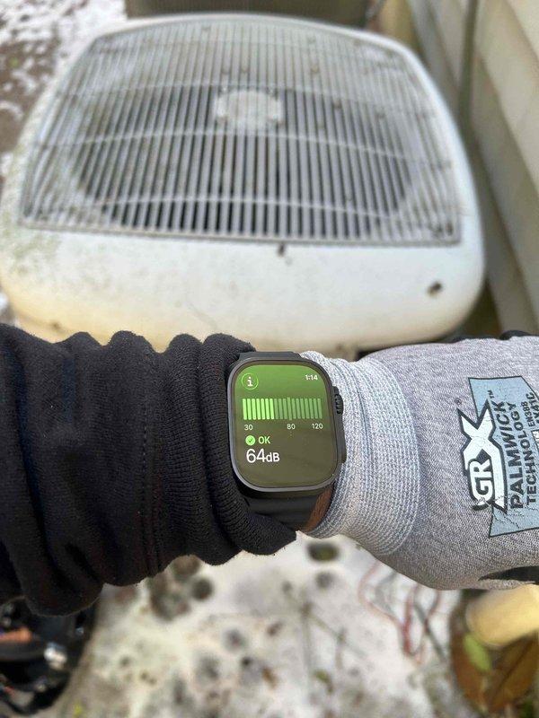 Responded to noise complaint on outdoor unit. Performed sound level testing using decibel meter, recording readings of 67dB and 64dB, which are within acceptable operating range. Unit is functioning normally with no service required.