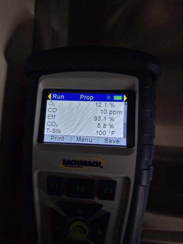 Performed scheduled heating maintenance service on two systems. Conducted combustion analysis using Bacharach analyzer showing optimal performance with 93.1% efficiency, CO levels within safe range (10-24 ppm), and proper stack temperature at 100°F with normal excess air readings of 123.9%.