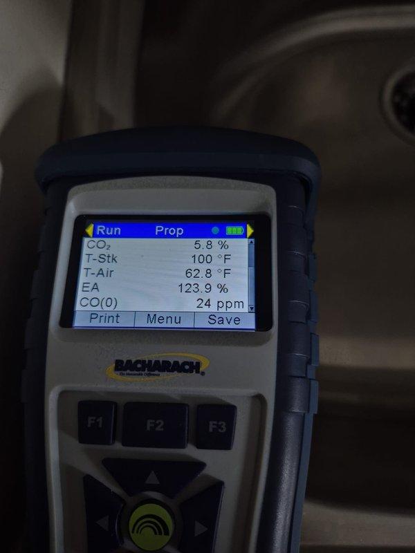 Performed scheduled heating maintenance service on two systems. Conducted combustion analysis using Bacharach analyzer showing optimal performance with 93.1% efficiency, CO levels within safe range (10-24 ppm), and proper stack temperature at 100°F with normal excess air readings of 123.9%.