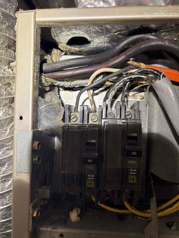Responded to no heat service call for 10+ year old system. Diagnosed electrical issue at breaker panel where main power was interrupted. Inspected and reset appropriate 60A breakers to restore power to heating system. Verified proper operation after service.