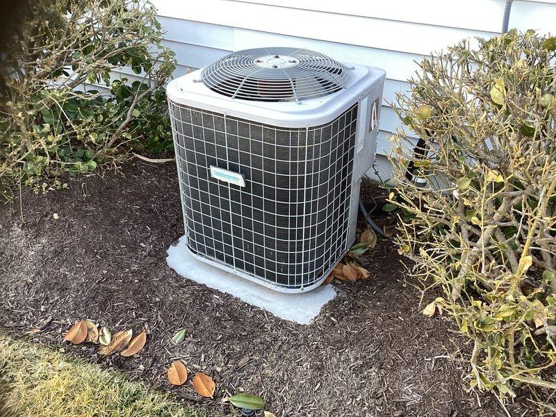 Completed full HVAC system replacement including removal of old equipment and installation of new S9B1B080U4P furnace with drain pan and shut-off, 5TXCB0O3 coil, and 5A7A4036 3-ton air conditioner on pressure-treated wood platform with drain pan. Installed T-6 non-WiFi thermostat, performed system flush, pressure tested and recharged refrigeration lines, and installed electrical whip and disconnect.