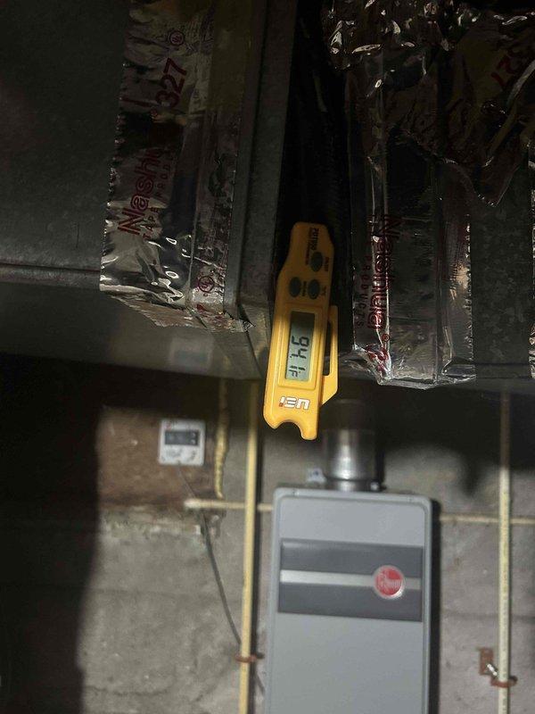 Diagnosed older Rheem system failing to reach setpoint. Measured supply air temperature at 91°F and verified gas valve voltage at 43.83V, confirming proper operation. System requires plumbing service scheduled for afternoon to address remaining issues affecting heat production.