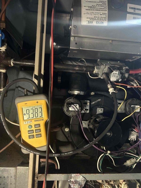 Diagnosed older Rheem system failing to reach setpoint. Measured supply air temperature at 91°F and verified gas valve voltage at 43.83V, confirming proper operation. System requires plumbing service scheduled for afternoon to address remaining issues affecting heat production.