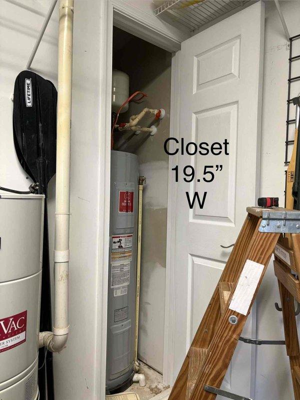 Performed routine maintenance on water heating system in utility closet (19.5" width). Inspected expansion tank, copper piping connections, and PVC network. Verified proper operation of system components and confirmed adequate clearance for service access.
