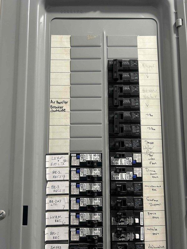 Performed heating system inspection per customer request. Examined electrical panel to verify proper power supply to air handler. All circuit breakers were properly labeled and functioning normally with no signs of overheating or damage.