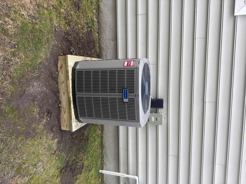 Successfully completed installation of a complete HVAC system, including a 2.5-ton heat pump (5A6H4030) and variable speed fan coil unit (5TEM6B03) with 10KW heater. Removed old equipment, installed new outdoor unit on pressure-treated wood platform, adapted existing ductwork with transition fittings, installed two Wi-Fi thermostats, and added an automatic condensation pump while maintaining existing zone controls.