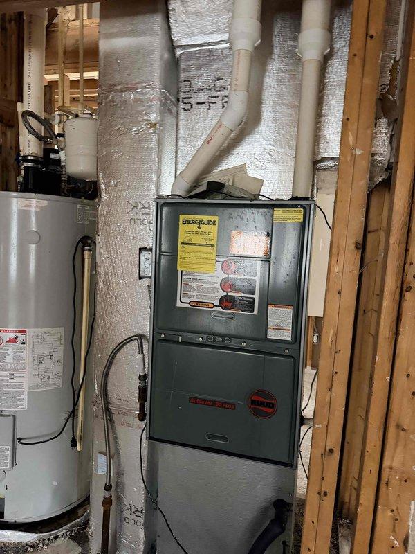 Completed inspection of HVAC system following water damage from broken CPVC pipe. Documentation shows aging furnace unit in utility room with connected water heater, plus compromised flexible ductwork in crawlspace. Recommendation to replace complete HVAC system and all flexible duct runs to restore proper functionality and prevent potential mold/moisture issues.