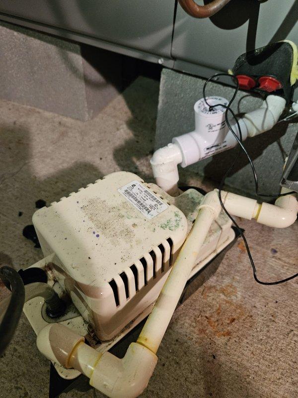 Diagnosed and repaired no-heat issue on aging HVAC system that wasn't blowing air. Inspection revealed a malfunctioning condensate pump with mineral buildup affecting system operation. Replaced the condensate pump, cleaned the drainage connections, and verified proper operation of the PVC drainage system (2-inch and 3-inch pipes) connected to the furnace unit.