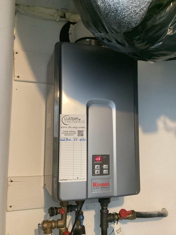 Responded to no-water call at customer residence regarding a Rinnai tankless water heater. Diagnosed issues with the unit which was showing a temperature reading of 120 degrees despite no water flow. Performed maintenance service and restored proper operation of the system, ensuring all connections to copper supply lines were secure and functioning correctly.